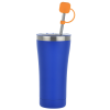 a blue tumbler with a straw