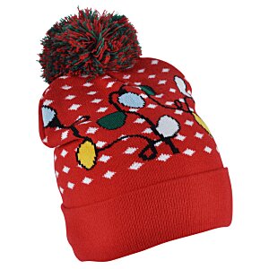 Additional Image 2 - a red pom hat with a red and black hat with a red and white pattern