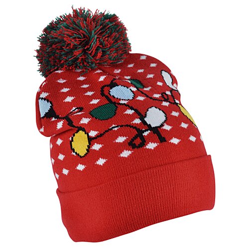 Additional Image 2 - a red pom hat with a red and black hat with a red and white pattern