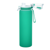 a green water bottle with a white cap