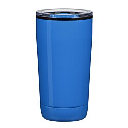 a blue tumbler with black lid