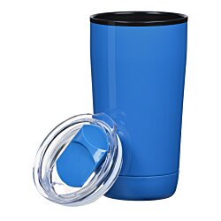 a blue tumbler with a lid