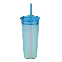 a blue plastic cup with a straw