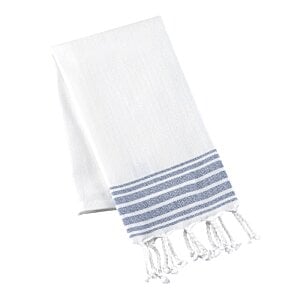 a white towel with blue stripes