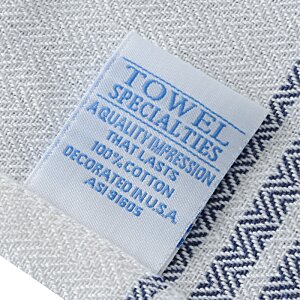 a white label with blue text