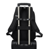 a black backpack with silver handles