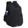 a black backpack with a bottle of water