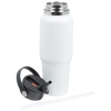 a white water bottle with a black headphones