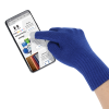 a hand wearing blue glove holding a cell phone