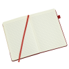 a white notebook with a red band