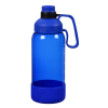 a blue water bottle with a black handle