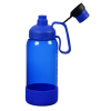 a blue water bottle with a black cap