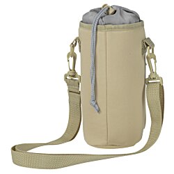 a tan water bottle with a strap