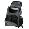 a black backpack with a green strip