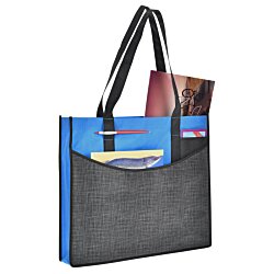 a blue and grey bag with a black strap