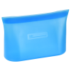 a blue plastic bag with a white logo
