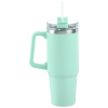 a green insulated cup with a straw