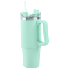 a green cup with a straw