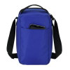 a blue bag with a black strap