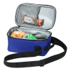 a blue bag with a black strap