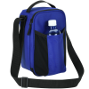 a blue and black bag with a bottle in it