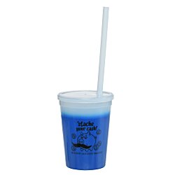 a blue cup with a straw