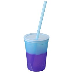 a blue and purple cup with a straw