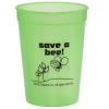 a green plastic cup with black text
