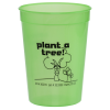a green plastic cup with black text