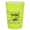 a yellow cup with black text