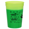 a green cup with black text