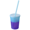 a blue and purple cup with a straw