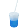 a blue liquid in a plastic cup