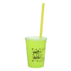 a yellow plastic cup with a straw
