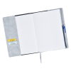 a white book with a blue pen