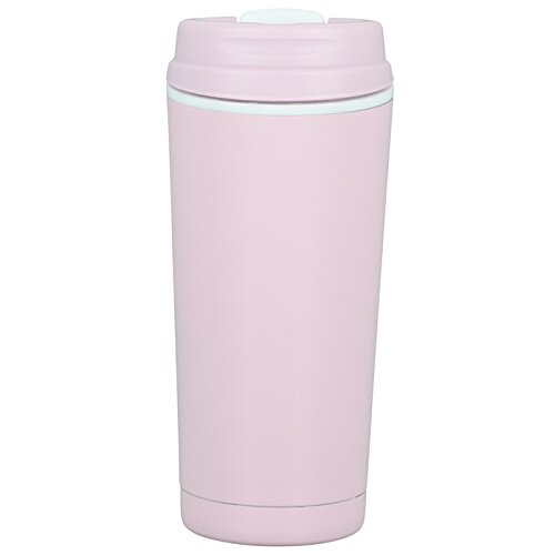 Additional Image 3 - a pink tumbler with a blue lid