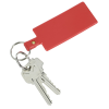 a red key chain with a red label