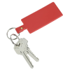 a red key chain with a red label