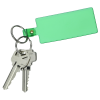 a key chain with a green label