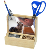 a pencil and scissors in a wooden box