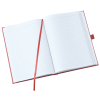 a white book with red ribbon