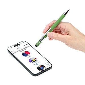 a hand holding a pen over a cell phone