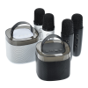 a group of black and white containers
