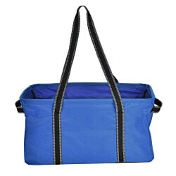 a blue bag with black straps