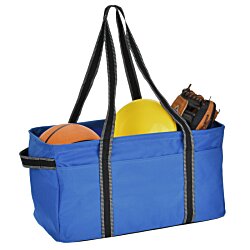 a blue bag with a yellow ball inside