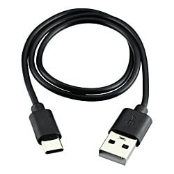 a black cable with a white plug