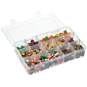 a plastic container with small objects in it