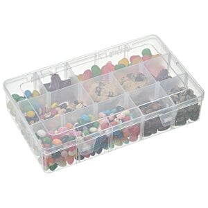 a plastic container with small objects in it