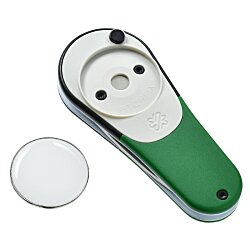 a green and white object with a round white button
