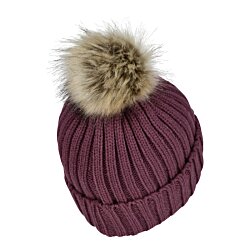a purple knitted hat with a fluffy pom